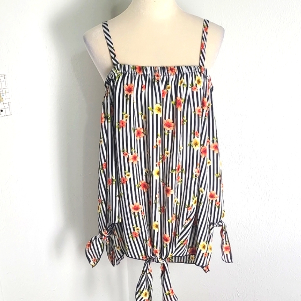 LA Gypsy Floral Striped Off- Shoulder Top with Tie at Waist & Sleeves, Size 3X